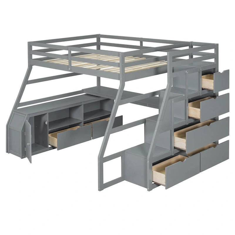 Lit mezzanine gris en pin avec escalier de rangement, bureau et armoire