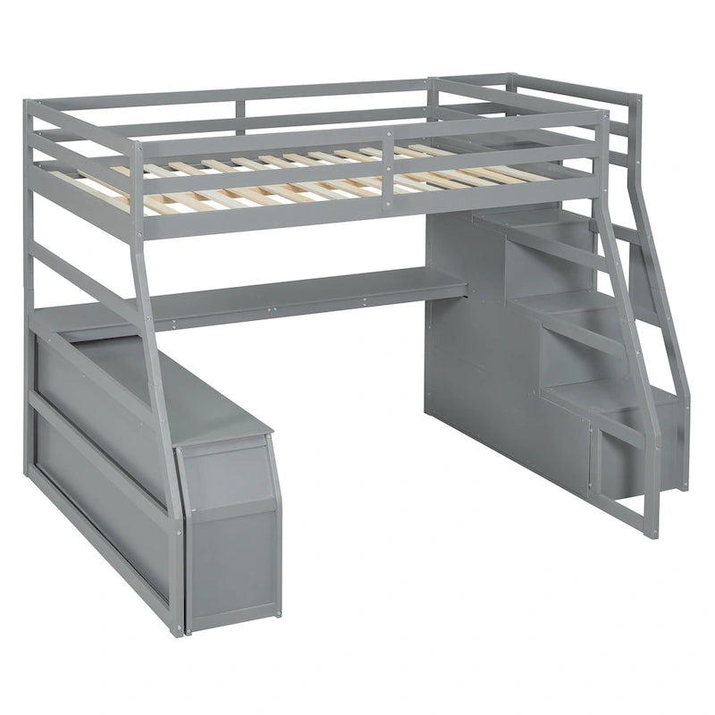 Lit mezzanine gris en pin avec escalier de rangement, bureau et armoire