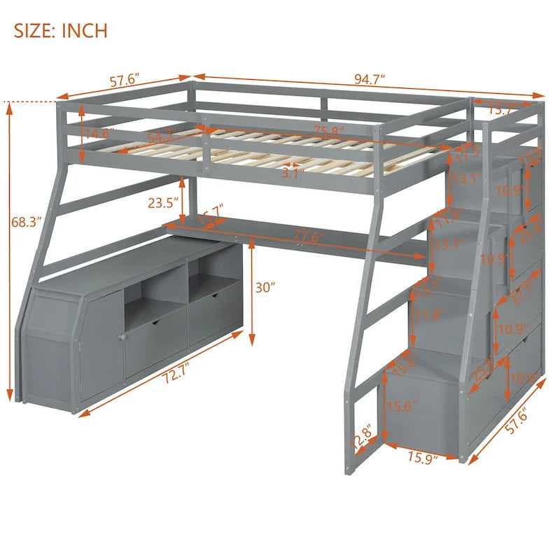 Lit mezzanine gris en pin avec escalier de rangement, bureau et armoire