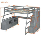 Lit mezzanine gris en pin avec escalier de rangement, bureau et armoire