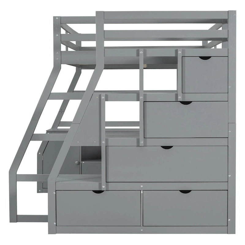 Lit mezzanine gris en pin avec escalier de rangement, bureau et armoire