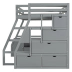 Lit mezzanine gris en pin avec escalier de rangement, bureau et armoire
