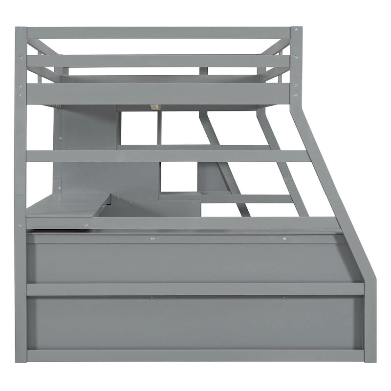Lit mezzanine gris en pin avec escalier de rangement, bureau et armoire