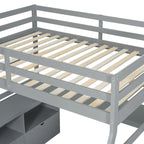 Lit mezzanine gris en pin avec escalier de rangement, bureau et armoire