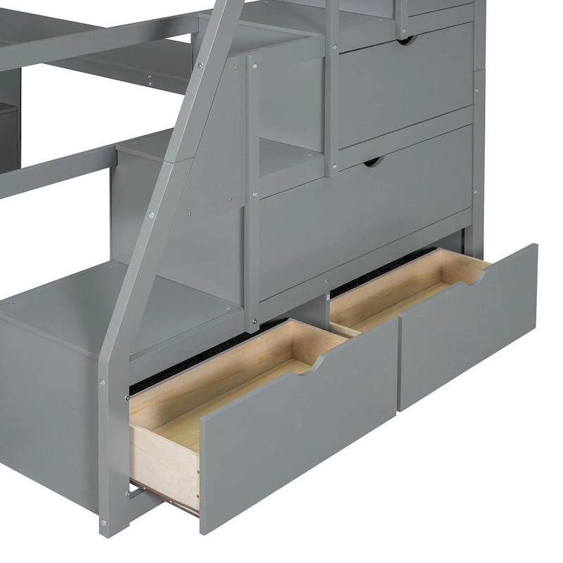 Lit mezzanine gris en pin avec escalier de rangement, bureau et armoire