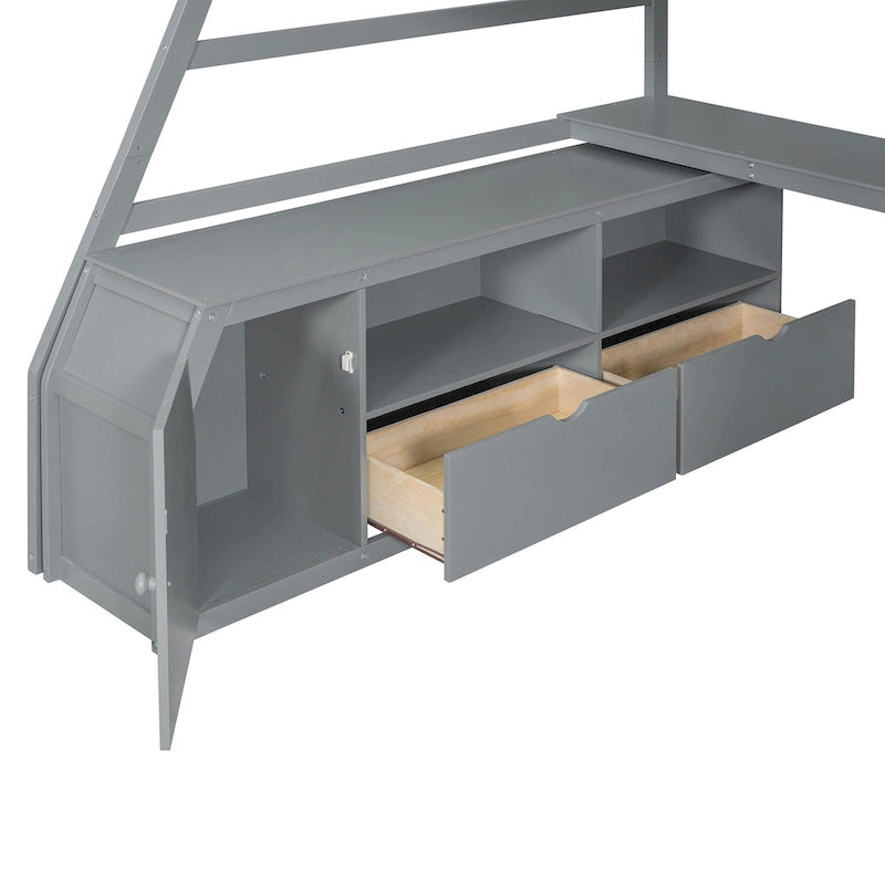 Lit mezzanine gris en pin avec escalier de rangement, bureau et armoire