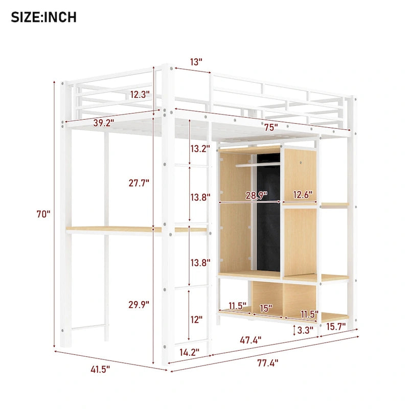Lit mezzanine blanc en métal et MDF de taille double avec armoire à rideaux, bureau, étagères de rangement à plusieurs niveaux et escalier