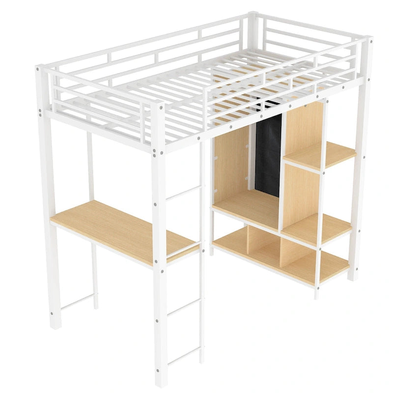 Lit mezzanine blanc en métal et MDF de taille double avec armoire à rideaux, bureau, étagères de rangement à plusieurs niveaux et escalier