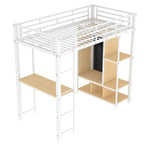 Lit mezzanine blanc en métal et MDF de taille double avec armoire à rideaux, bureau, étagères de rangement à plusieurs niveaux et escalier