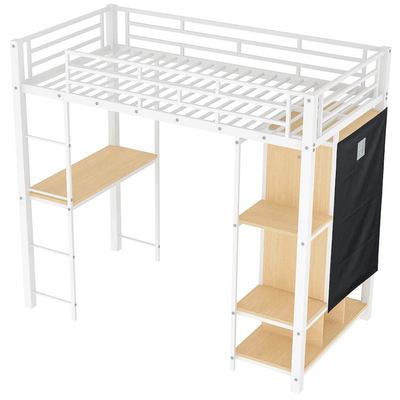 Lit mezzanine blanc en métal et MDF de taille double avec armoire à rideaux, bureau, étagères de rangement à plusieurs niveaux et escalier