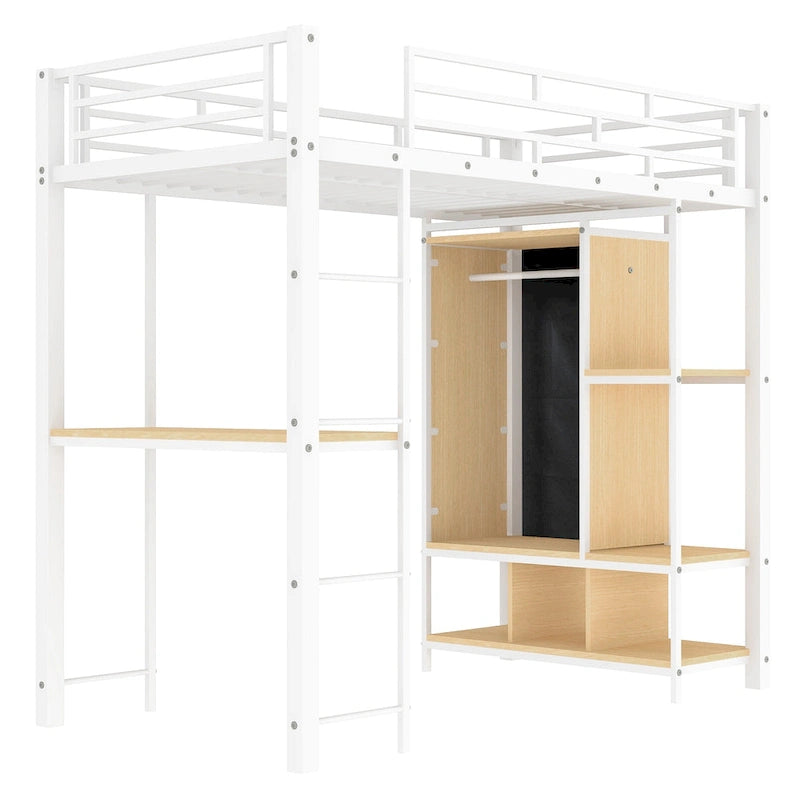 Lit mezzanine blanc en métal et MDF de taille double avec armoire à rideaux, bureau, étagères de rangement à plusieurs niveaux et escalier