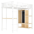 Lit mezzanine blanc en métal et MDF de taille double avec armoire à rideaux, bureau, étagères de rangement à plusieurs niveaux et escalier
