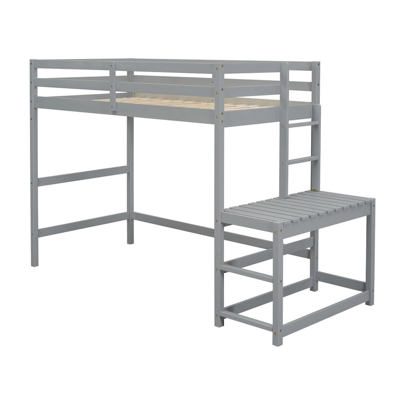 Lit mezzanine haut gris en pin massif pour jumeaux avec tringle à gauche et échelle verticale, plate-forme d'atterrissage à droite avec rail de rangement et échelle inclinée