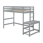 Lit mezzanine haut gris en pin massif pour jumeaux avec tringle à gauche et échelle verticale, plate-forme d'atterrissage à droite avec rail de rangement et échelle inclinée