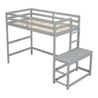 Lit mezzanine haut gris en pin massif pour jumeaux avec tringle à gauche et échelle verticale, plate-forme d'atterrissage à droite avec rail de rangement et échelle inclinée