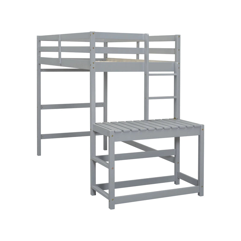 Lit mezzanine haut gris en pin massif pour jumeaux avec tringle à gauche et échelle verticale, plate-forme d'atterrissage à droite avec rail de rangement et échelle inclinée