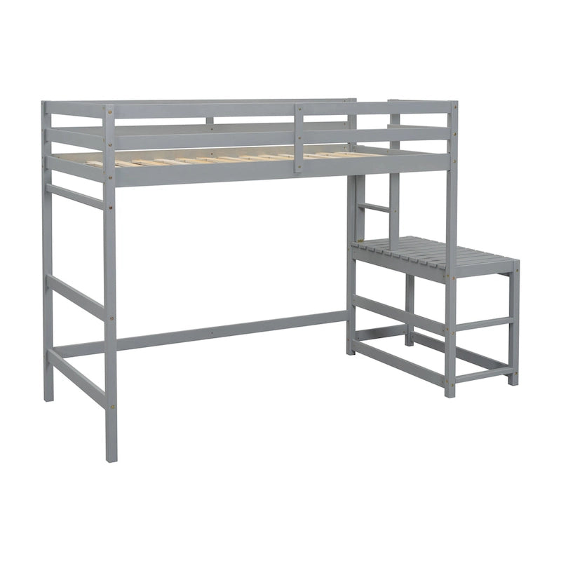 Lit mezzanine haut gris en pin massif pour jumeaux avec tringle à gauche et échelle verticale, plate-forme d'atterrissage à droite avec rail de rangement et échelle inclinée