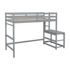 Lit mezzanine haut gris en pin massif pour jumeaux avec tringle à gauche et échelle verticale, plate-forme d'atterrissage à droite avec rail de rangement et échelle inclinée