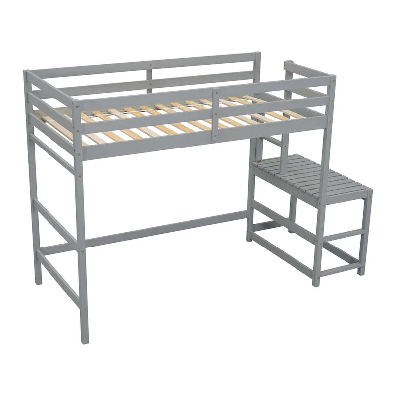 Lit mezzanine haut gris en pin massif pour jumeaux avec tringle à gauche et échelle verticale, plate-forme d'atterrissage à droite avec rail de rangement et échelle inclinée