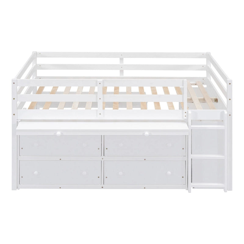 Lit mezzanine bas blanc en pin massif avec bureau rétractable et 4 tiroirs