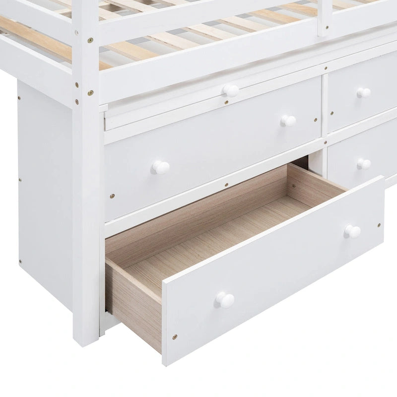 Lit mezzanine bas blanc en pin massif avec bureau rétractable et 4 tiroirs