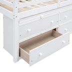 Lit mezzanine bas blanc en pin massif avec bureau rétractable et 4 tiroirs