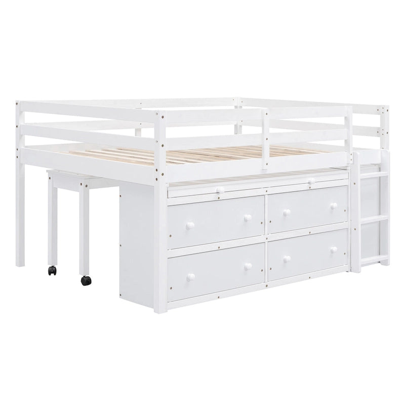 Lit mezzanine bas blanc en pin massif avec bureau rétractable et 4 tiroirs