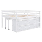 Lit mezzanine bas blanc en pin massif avec bureau rétractable et 4 tiroirs