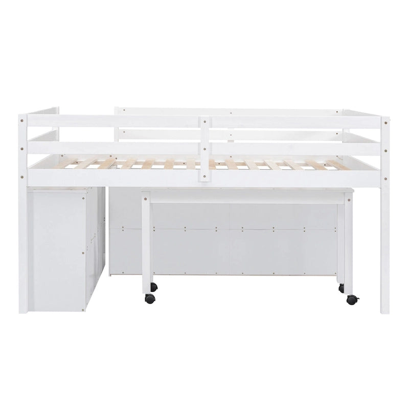 Lit mezzanine bas blanc en pin massif avec bureau rétractable et 4 tiroirs