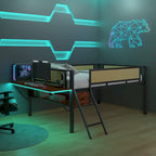 Lit mezzanine pleine grandeur en métal noir et marron avec panneaux de garde-corps en rotin PE, bureau en L avec LED, étagère de rangement suspendue et échelle inclinée à droite