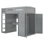 Lit mezzanine gris simple en pin massif avec bureau rabattable, étagère supérieure, 2 tiroirs de bureau, étagères à 4 niveaux, armoire ouverte à gauche et armoire fermée à droite