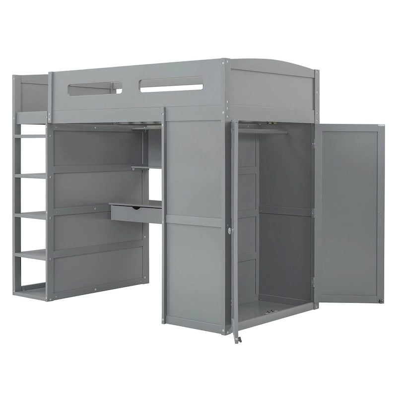 Lit mezzanine gris simple en pin massif avec bureau rabattable, étagère supérieure, 2 tiroirs de bureau, étagères à 4 niveaux, armoire ouverte à gauche et armoire fermée à droite