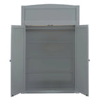 Lit mezzanine gris simple en pin massif avec bureau rabattable, étagère supérieure, 2 tiroirs de bureau, étagères à 4 niveaux, armoire ouverte à gauche et armoire fermée à droite