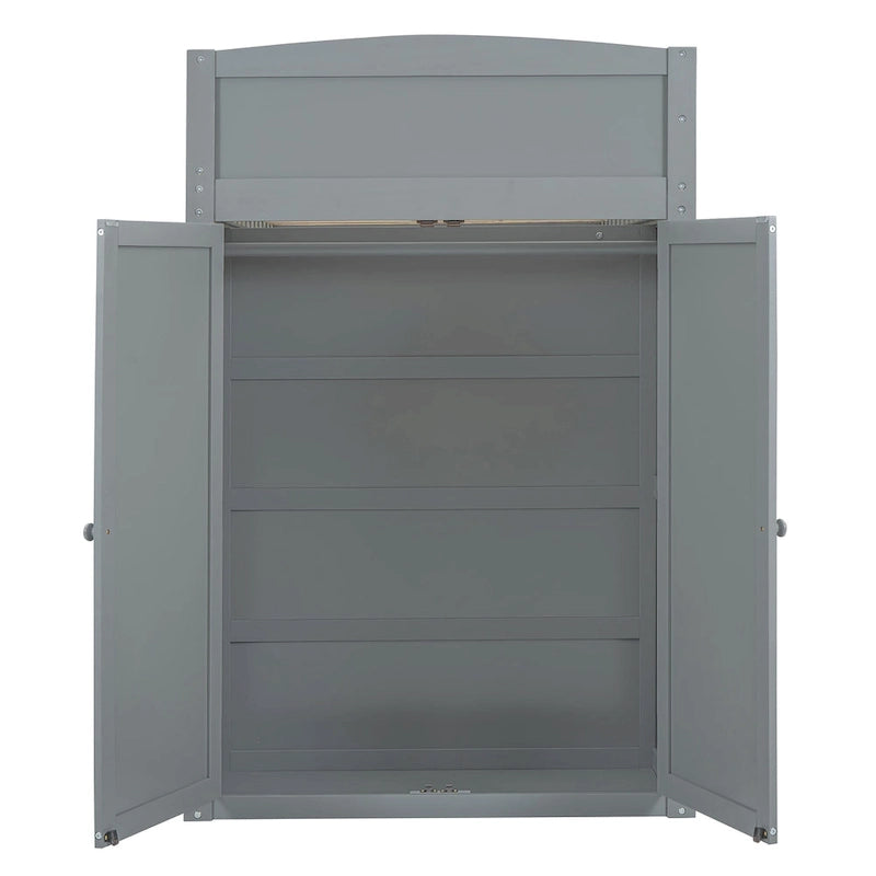 Lit mezzanine gris simple en pin massif avec bureau rabattable, étagère supérieure, 2 tiroirs de bureau, étagères à 4 niveaux, armoire ouverte à gauche et armoire fermée à droite