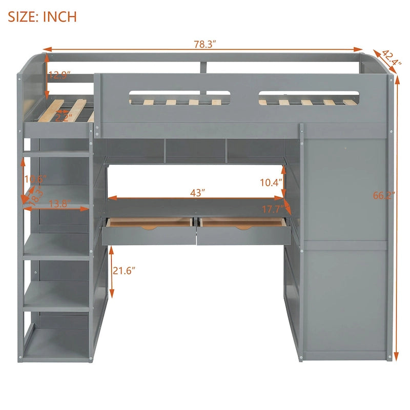 Lit mezzanine gris simple en pin massif avec bureau rabattable, étagère supérieure, 2 tiroirs de bureau, étagères à 4 niveaux, armoire ouverte à gauche et armoire fermée à droite
