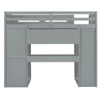 Lit mezzanine gris simple en pin massif avec bureau rabattable, étagère supérieure, 2 tiroirs de bureau, étagères à 4 niveaux, armoire ouverte à gauche et armoire fermée à droite
