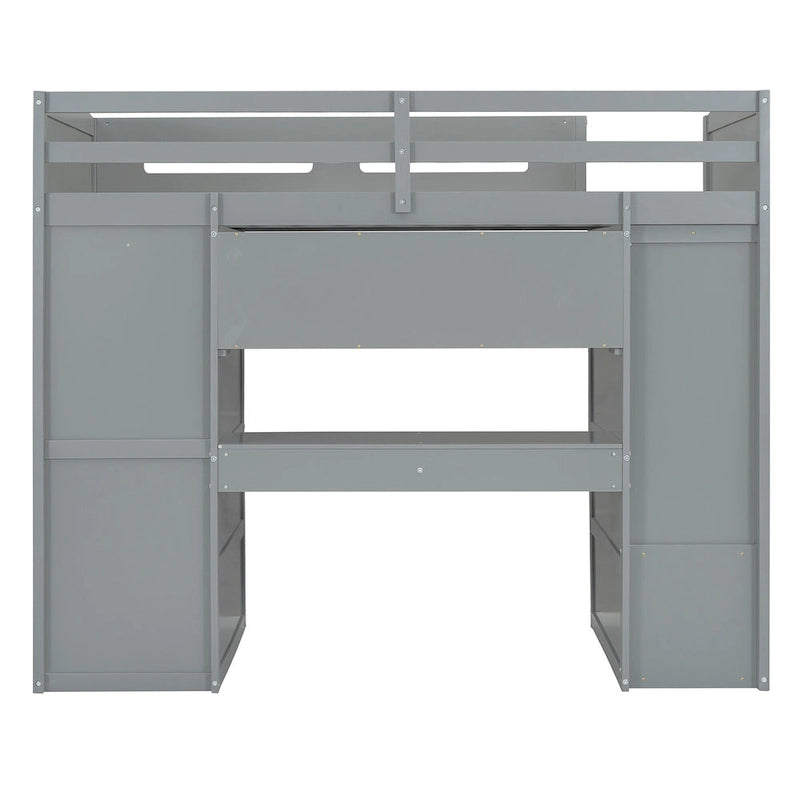 Lit mezzanine gris simple en pin massif avec bureau rabattable, étagère supérieure, 2 tiroirs de bureau, étagères à 4 niveaux, armoire ouverte à gauche et armoire fermée à droite