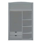 Lit mezzanine gris simple en pin massif avec bureau rabattable, étagère supérieure, 2 tiroirs de bureau, étagères à 4 niveaux, armoire ouverte à gauche et armoire fermée à droite