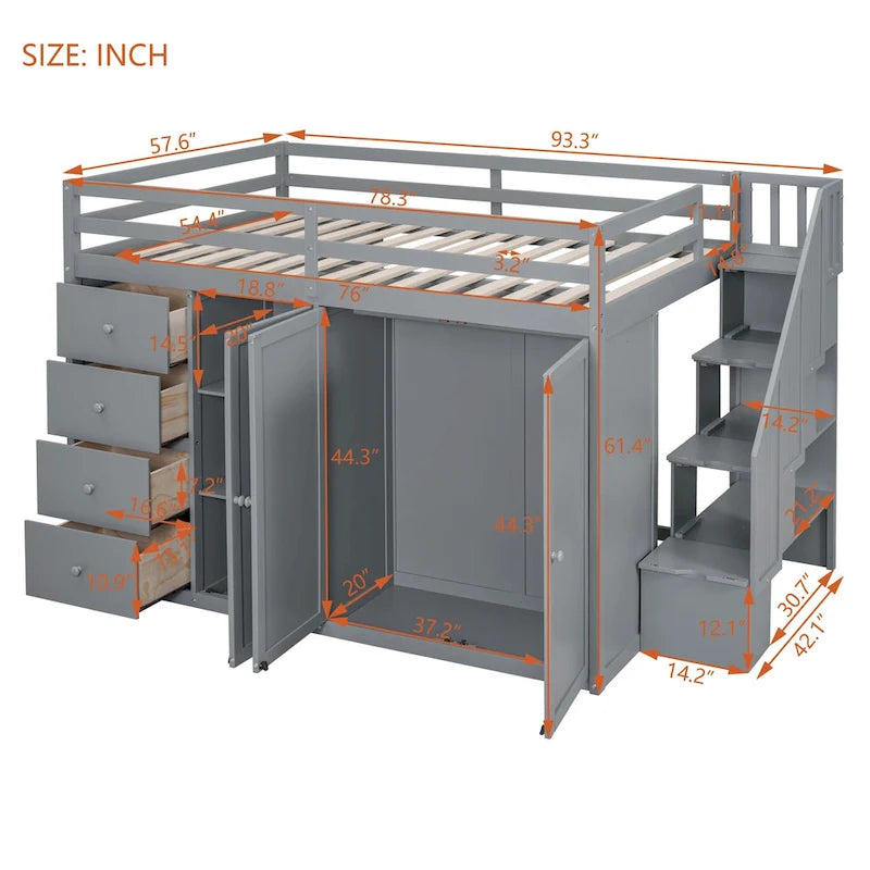 Lit mezzanine gris en pin massif de taille double avec armoire ouverte, unité à 4 tiroirs, armoire à deux portes et escalier de rangement côté droit.