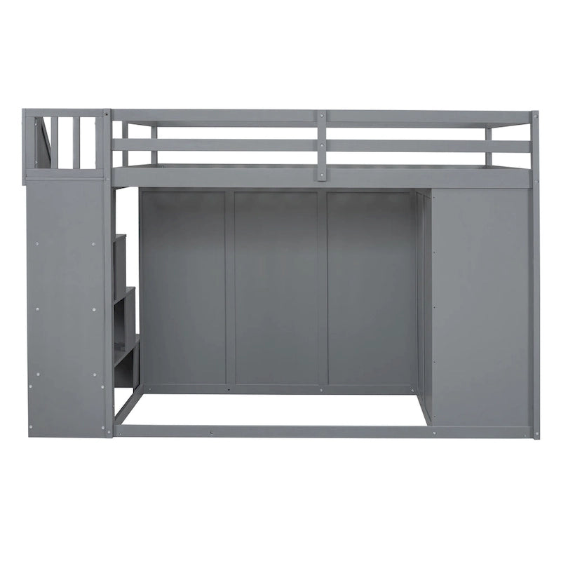 Lit mezzanine gris en pin massif de taille double avec armoire ouverte, unité à 4 tiroirs, armoire à deux portes et escalier de rangement côté droit.