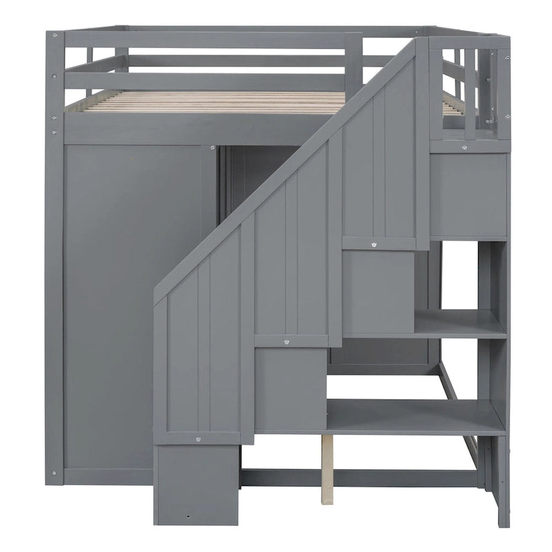 Lit mezzanine gris en pin massif de taille double avec armoire ouverte, unité à 4 tiroirs, armoire à deux portes et escalier de rangement côté droit.