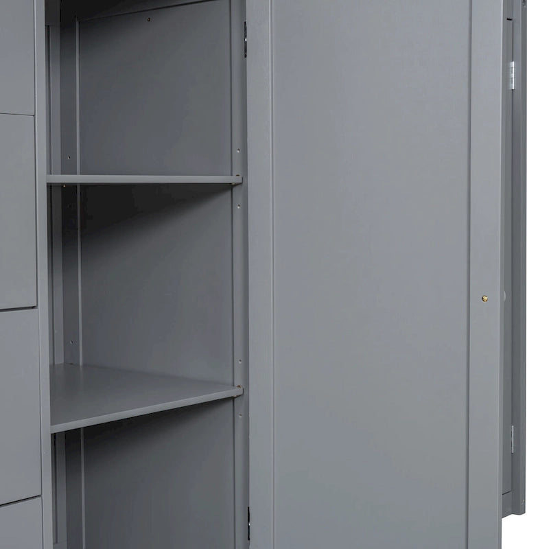 Lit mezzanine gris en pin massif de taille double avec armoire ouverte, unité à 4 tiroirs, armoire à deux portes et escalier de rangement côté droit.