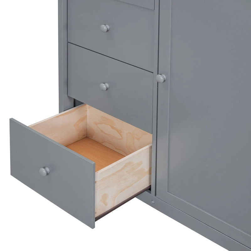 Lit mezzanine gris en pin massif de taille double avec armoire ouverte, unité à 4 tiroirs, armoire à deux portes et escalier de rangement côté droit.