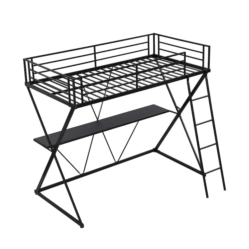 Lit mezzanine simple en métal noir avec structure en X, bureau intégré, échelle inclinée à droite et garde-corps complets