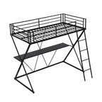 Lit mezzanine simple en métal noir avec structure en X, bureau intégré, échelle inclinée à droite et garde-corps complets