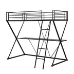Lit mezzanine simple en métal noir avec structure en X, bureau intégré, échelle inclinée à droite et garde-corps complets