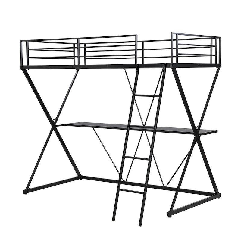 Lit mezzanine simple en métal noir avec structure en X, bureau intégré, échelle inclinée à droite et garde-corps complets