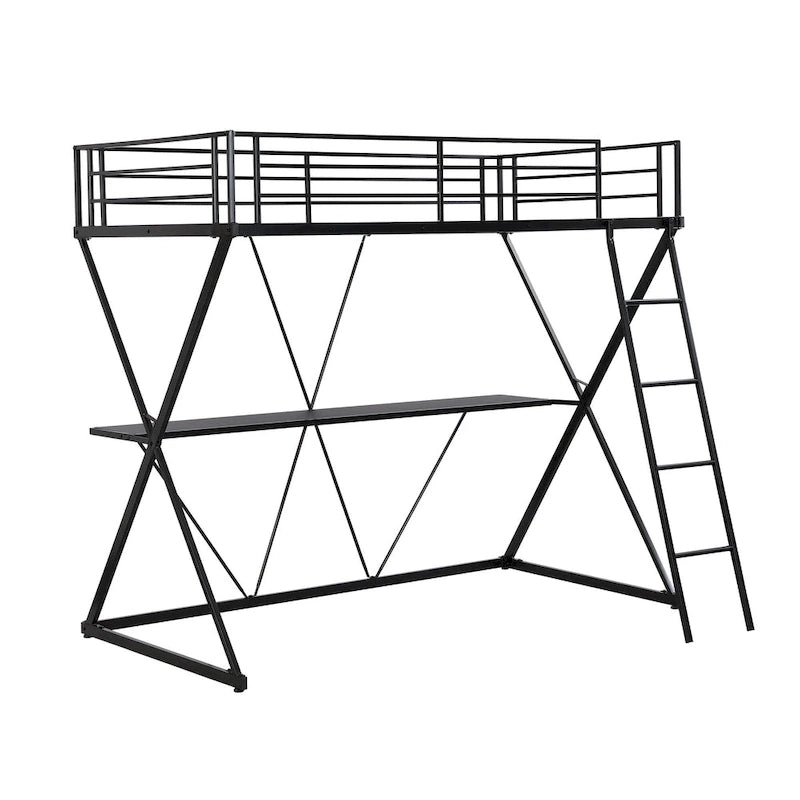 Lit mezzanine simple en métal noir avec structure en X, bureau intégré, échelle inclinée à droite et garde-corps complets