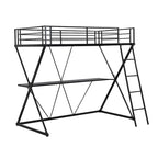 Lit mezzanine simple en métal noir avec structure en X, bureau intégré, échelle inclinée à droite et garde-corps complets