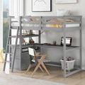 Lit mezzanine en pin massif, taille simple, avec échelle inclinée à gauche, bureau en L pleine largeur, étagère à mi-hauteur et 3 tiroirs côté gauche